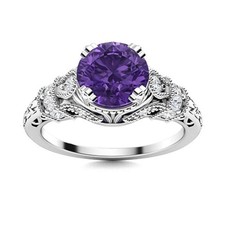 925 Sterling Silver 5MM Round Shape Amethyst Solitaire with Accents Wedding Ring