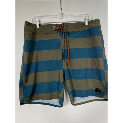 Captain Fin Striped Swim Trunks Drawstring Blue/Green Board Shorts Men's 34