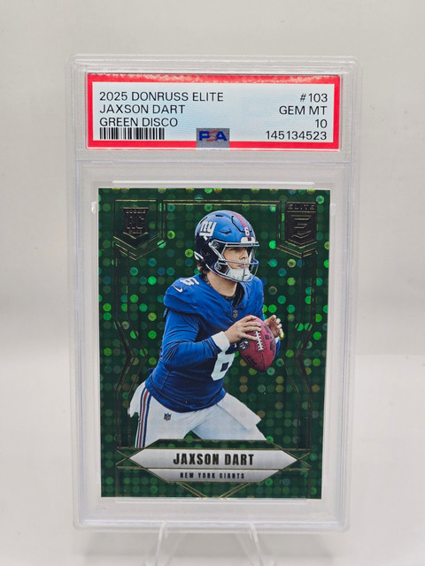 Panini 2025 Donruss Elite Rookies Jaxson Dart Giants #103 Green Disco PSA 10