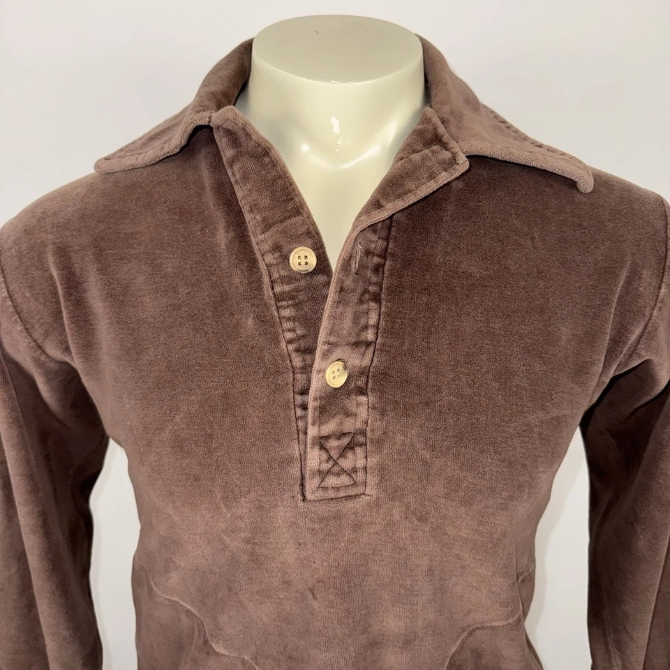 复古丝绒衬衫男式迪斯科嬉皮士伍德斯托克溜冰鞋 70 年代 80 年代柔软棕色中号 — 第 3/4 张图片