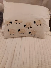 Embroidered Sheep French Knots Pillow Primitive Style Down Filled