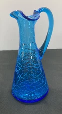 Vintage 1950s Small Hand-Blown Blue Crackle Glass Pitcher 5” Tall