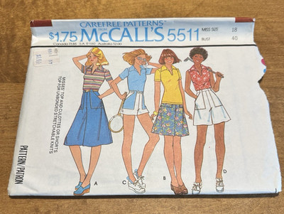McCalls 5511 Carefree Tops Culottes Shorts Sewing Pattern  Misse 18 UC vtg 1977