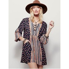 Free People Changing Horizons Mini Dress Black Combo Floral Lace Up Boho Tunic M