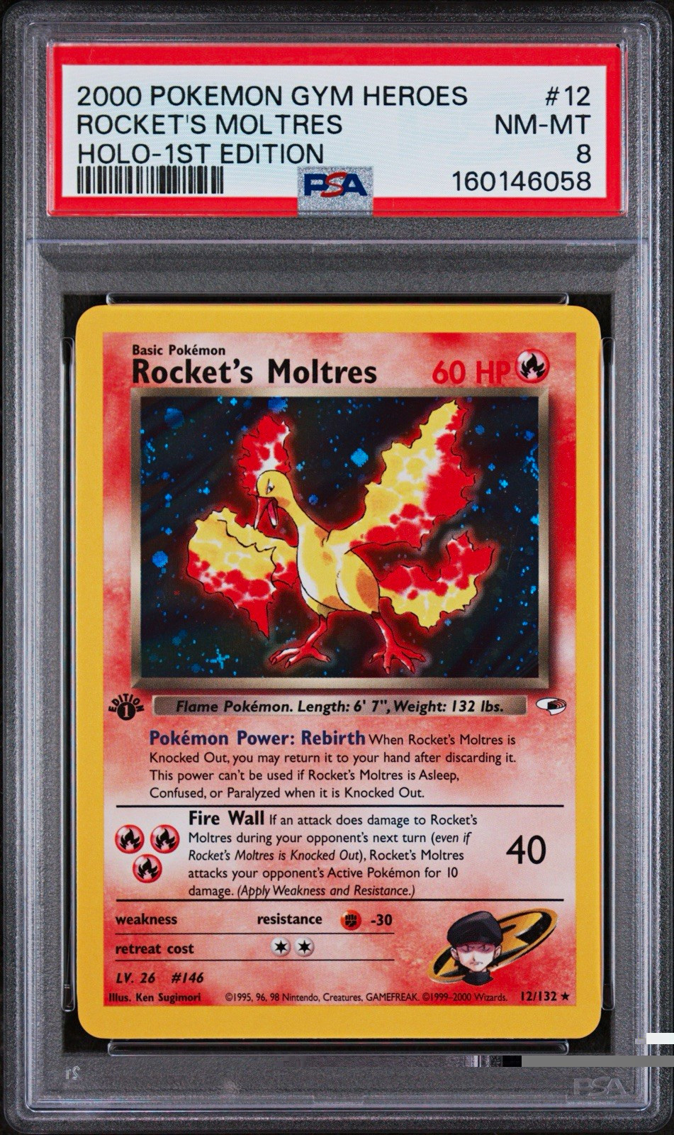 2000 Pokémon TCG Gym Heroes Rocket's Moltres 012/132 Holo 1st Ed PSA 8