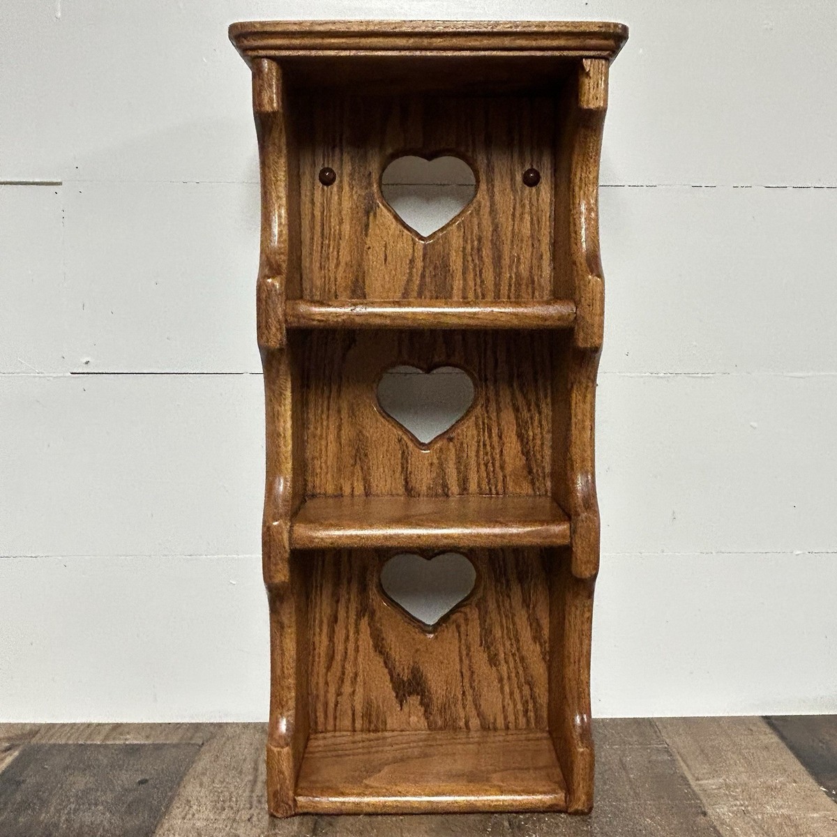 Vintage Solid Oak Heart Cutout 3 Tier Trinket Wall Shelf Cottage