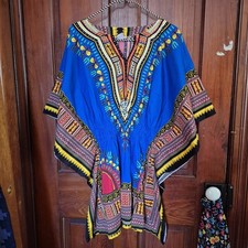 Mama  Papa Dashiki Style Top Blue Red Yellow Ethnic Print Cotton Tunic Large
