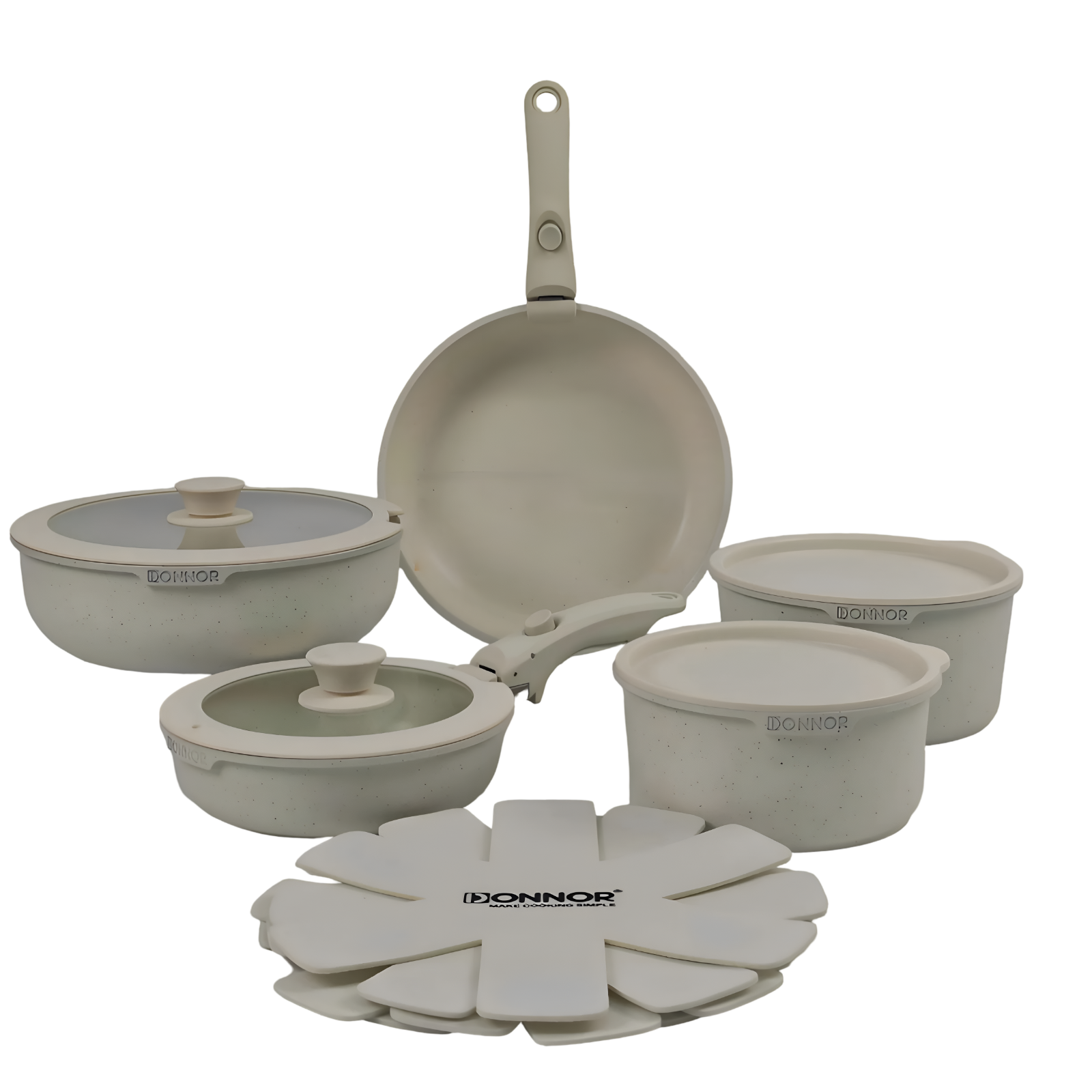 17-Piece White Nonstick Cookware Set with Detachable Handles