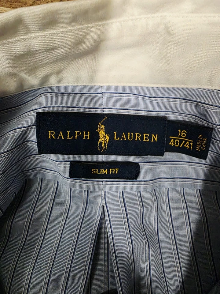 Ralph Lauren Men’s Pinstripe Dress Shirt White Contrast Collar Size 16 (40/41) L - Image 4 of 4