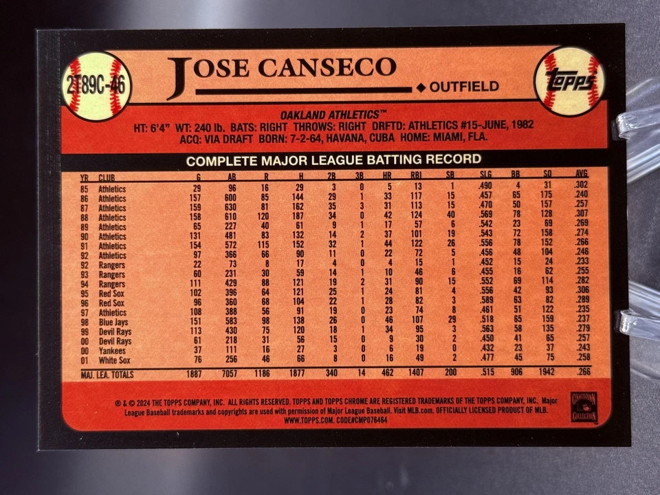 2024 Topps Chrome Jose Canseco 1989 Blue Mojo Refractor #/150 SP Athletics - Image 2 of 2