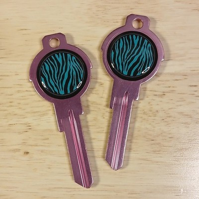 2 Round Shape Pink Titanium House Keys w Teal Zebra Epoxy Compatible with KW1