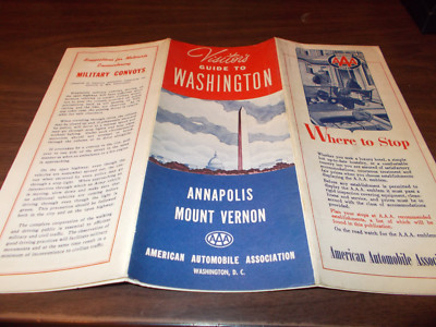 1940s AAA Washington, DC/Annapolis/Mt. Vernon Vintage Road Map/Visitors Guide 