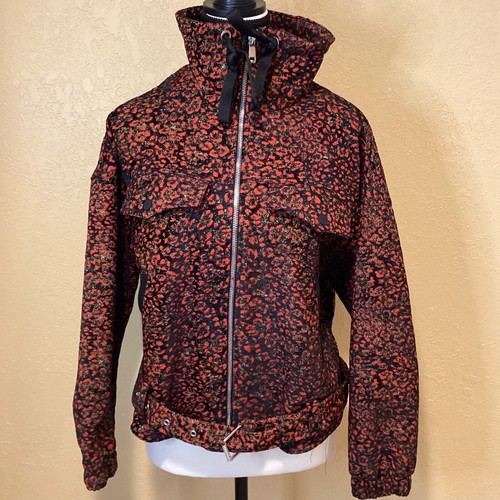 Zara red animal print jacquard belted bomber jacket, size extra small