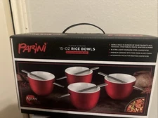 Parini Set Of 4 Red Ceramic Rice Bowls  With 8 Stainless Steel Chopsticks New