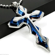 Cross Pendant Necklace BLUE & Gold Stainless Steel Alloy Unisex Crucifix FREE