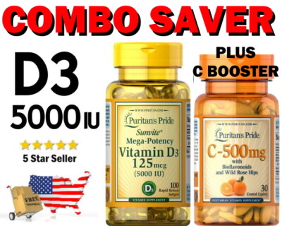 VITAMIN D3   5000 IU   plus VITAMIN C 500MG   USA SELLER   FAST FREE SHIPPING