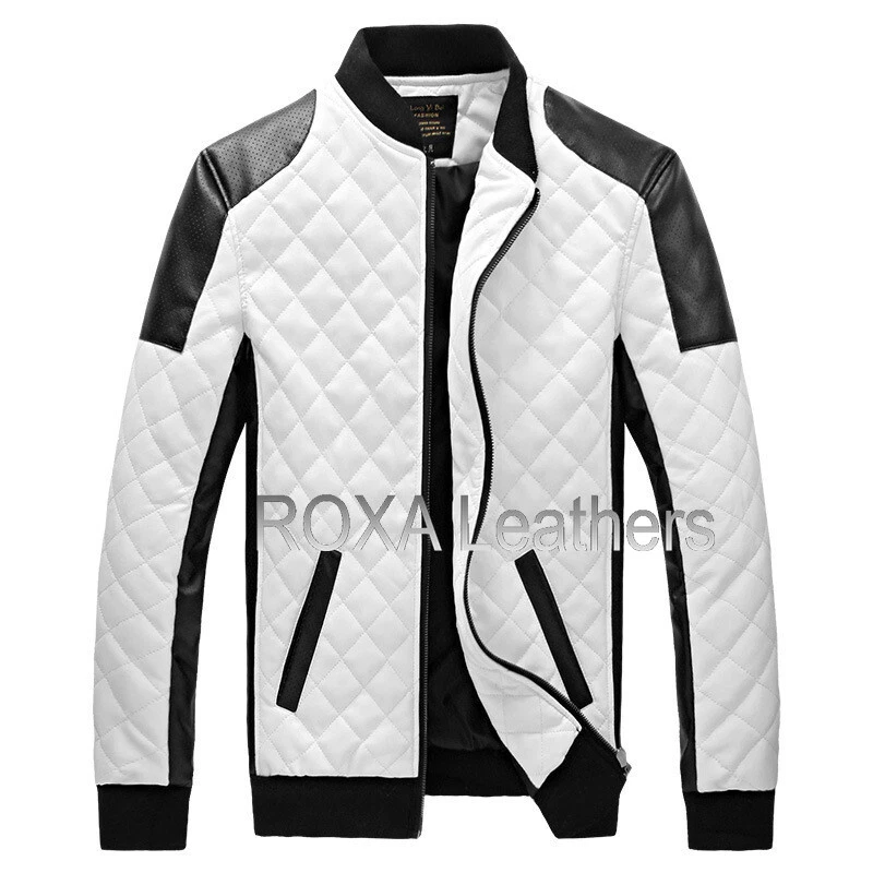 Men Quilted Soft Genuine Lambskin Real Leather Jacket Designer White Casual Coat