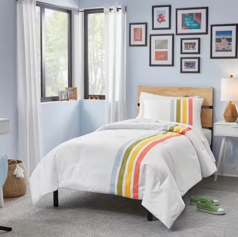 Juego de edredón de microfibra completo/queen a rayas retro multicolor de 3 piezas. Foto 3 de 4