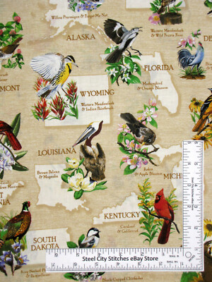 State Birds Flowers Fabric US State Names Bird Flower RETIRED
