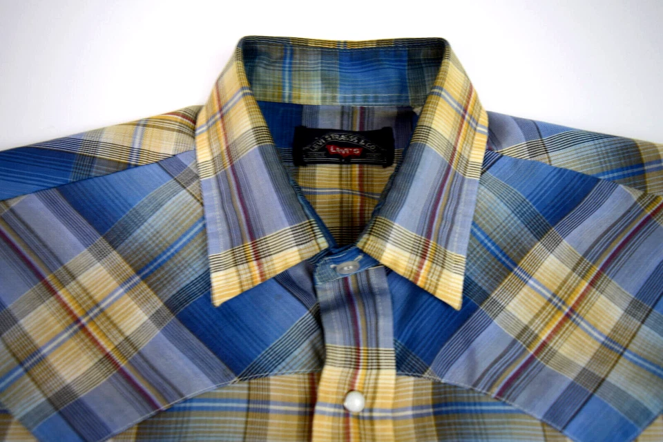 Camisa Western De Colección Levis Big E Cuadros Talla M/L Años 70 Azul Dorado Cobain Especial Foto 3 de 4