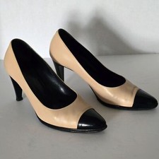 CHANEL Beige Calf Leather Black Patent Pumps Designer Office Size 35.5 US 5