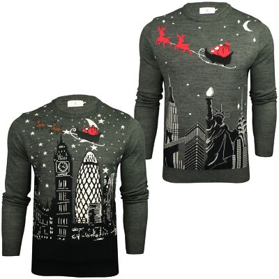 Xact Herren Weihnachtspullover, London/ New Yorker Skyline, Rundhalsausschnitt