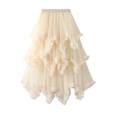 Women's Ruffle Hem Fairy Tulle Skirt Midi High Elastic Waist Causal Long Skirts