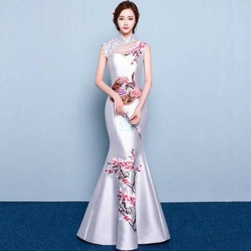 Vestido largo chino Cheongsam QiPao para mujer cola de pescado noche graduación