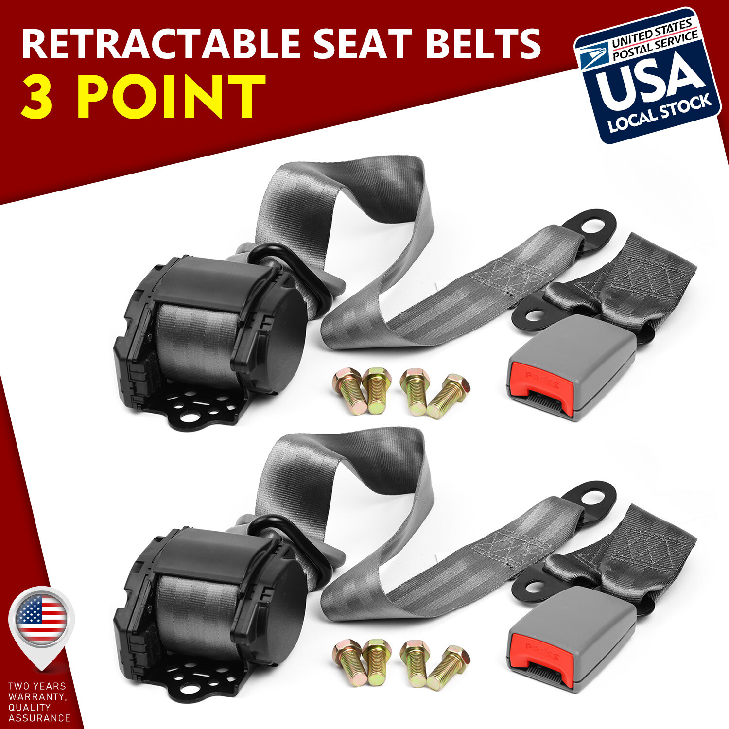 Gray Retractable 3 Point Safety Seat Belt Straps Auto Vehicle Adjustable Set