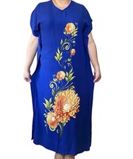 Royal Blue Floral Maxi Dress 100% Cotton V-neck Lightweight
