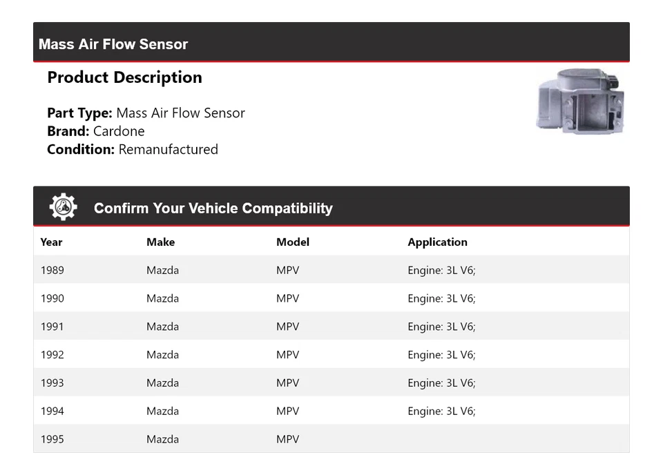 Sensor de fluxo de ar em massa Cardone 1990 1991 1992 1993 1994 para 1989-1995 Mazda MPV - Imagem 2 de 4