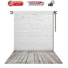 5X7ft White Brick Wall with Gray Wooden Floor Photography Vinyl Backdrop D-2504