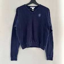 Vintage IZOD CLUB Ladies V Neck Logo Sweater Faded Navy Blue 100 Cotton