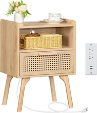 Rattan Nightstand with Charging Station, Boho Side Table with Drawer Open Shelf,
