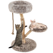 Solid Wood Cat Tower Modern Cat Scratching Tree w/Luxurious Perch Teasing Rope