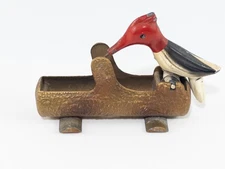 Vintage Woodpecker on Log Metal Cast Iron Toothpick Holder Dispenser 1950s, Rare