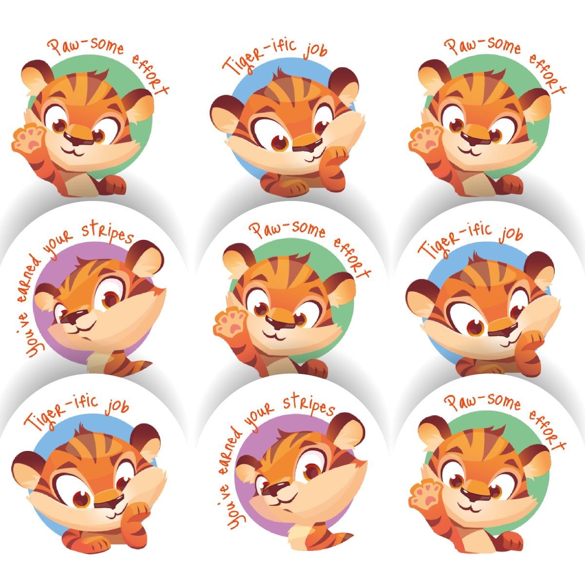 144 Tiger Praise Words 30mm Reward Stickers for Schools, Teachers and Parents
