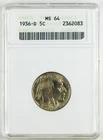 1936-D 5c Buffalo Nickel ANACS MS64 Choice BU+ Coin C4311