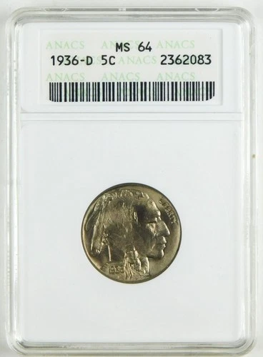 1936-D 5c Buffalo Nickel ANACS MS64 Choice BU+ Coin C4311