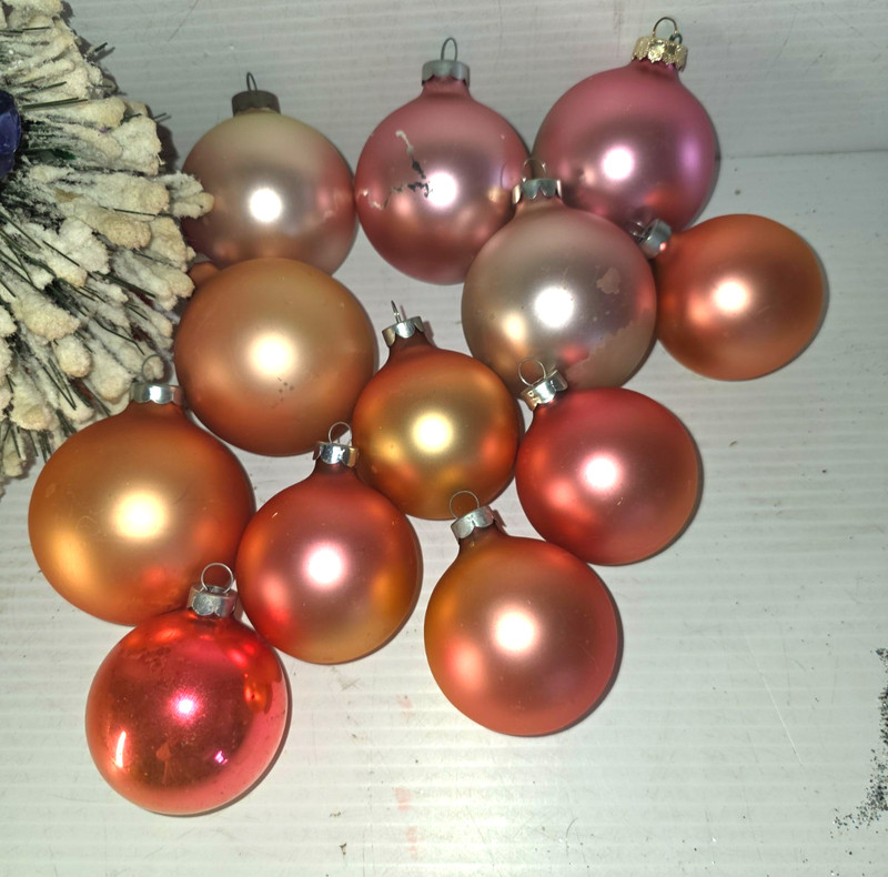 Vintage Christmas tree frosted glass ornaments pink peach lot of 12 Shabby chic