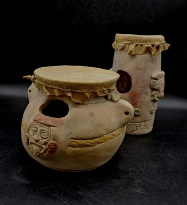 2 Vtg Mexico Folk Art Pottery Aztec Mayan Hand Crafted Terracotta Drums Signed 