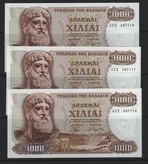 GREECE 1970 1000 DRACHMAS 3 UNC BANKNOTES WITH CONSECUTIVE NUMBERS