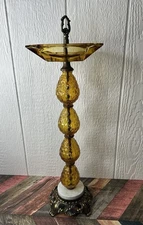Vintage Amber Glass Pedestal Floor  Cigarette Ashtray Stand With Marble Base 26”
