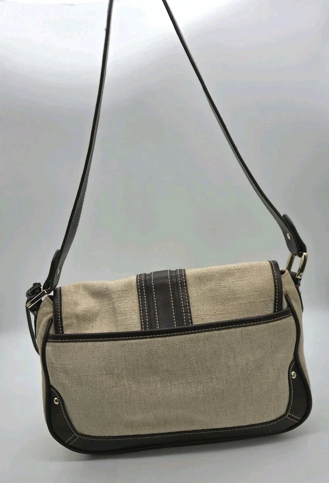 Etienne Aigner Purse Shoulder Bag Beige Linen Blend Brown Faux Leather Trim VTG - Image 4 of 4