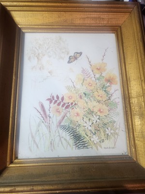 Gloria Eriksen Floral Butterfly Print Home Interior 11x13  Gold Wood Framed