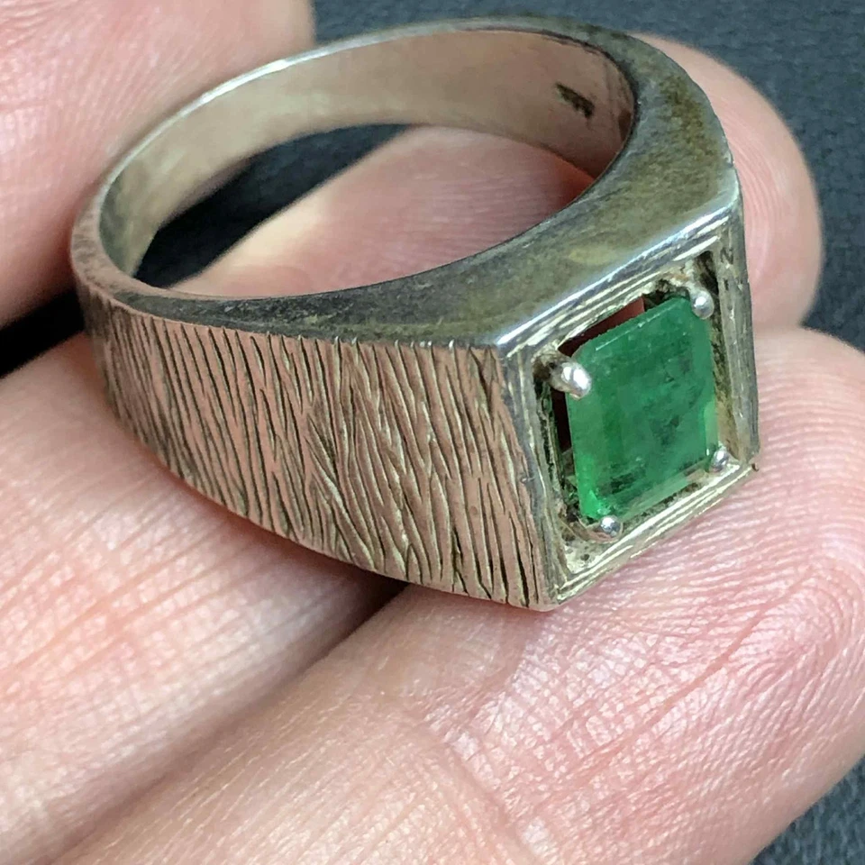 6297 复古纯银 925 男式天然翡翠 1.4 克拉表带 9.6 克戒指 尺寸 10 — 第 3/3 张图片