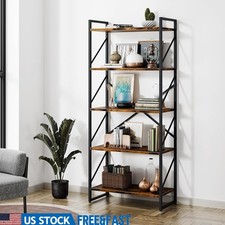 5 Tier Metal Wood Bookshelf Space Saving Bookcase Office Display Storage Shelf