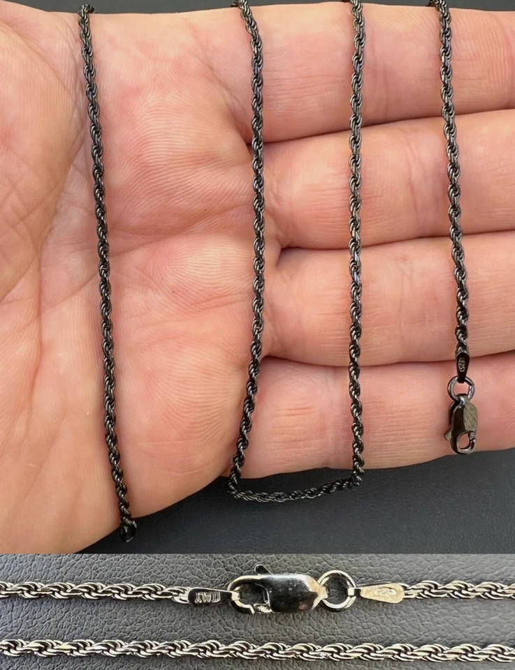 Colar de corrente de corda 2 mm oxidado preto ródio real 925 prata esterlina 16-30" - Imagem 3 de 4