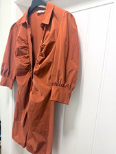MNG Brown Collared Button-Front Ruched Shirt Dress 3/4 Puff Sleeve S