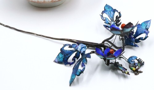 Antique 19th C Chinese silver enamel flower hair pin hair stick - Picture 10 of 15
